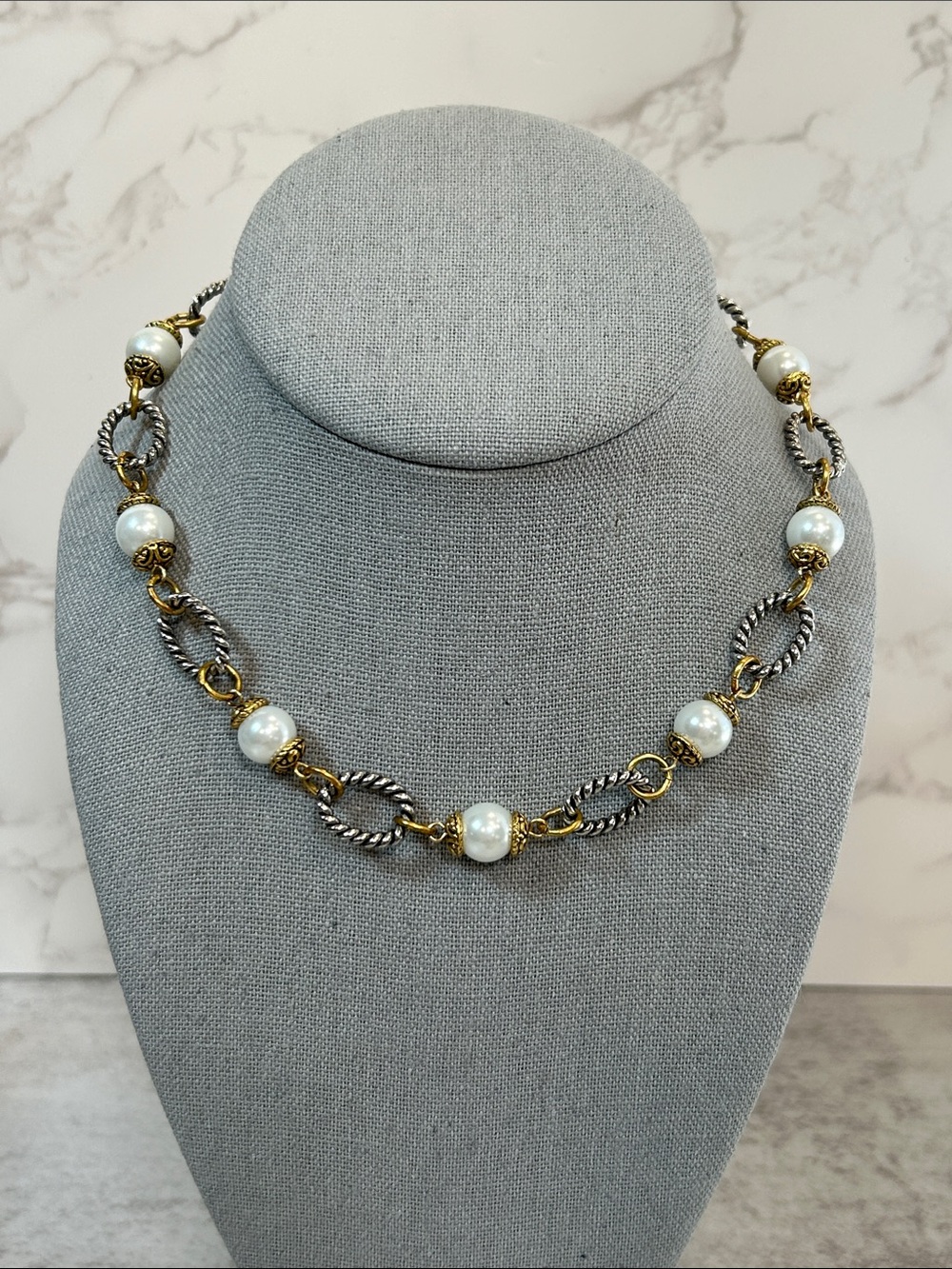 Premier Designs Gold & Silver Glass Pearl Link Necklace